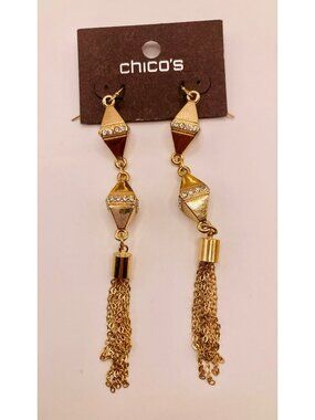 Chico's Gold-Tone Rhinestone Tassel Dangle Earrings *Missing 1 Rhinestone* -8B